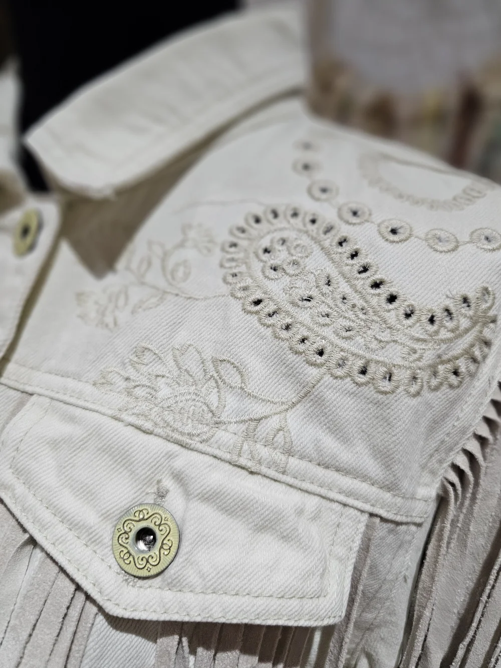 Scully Cream Fringe Embroidered Denim Jacket, NWT - Picture 2 of 9